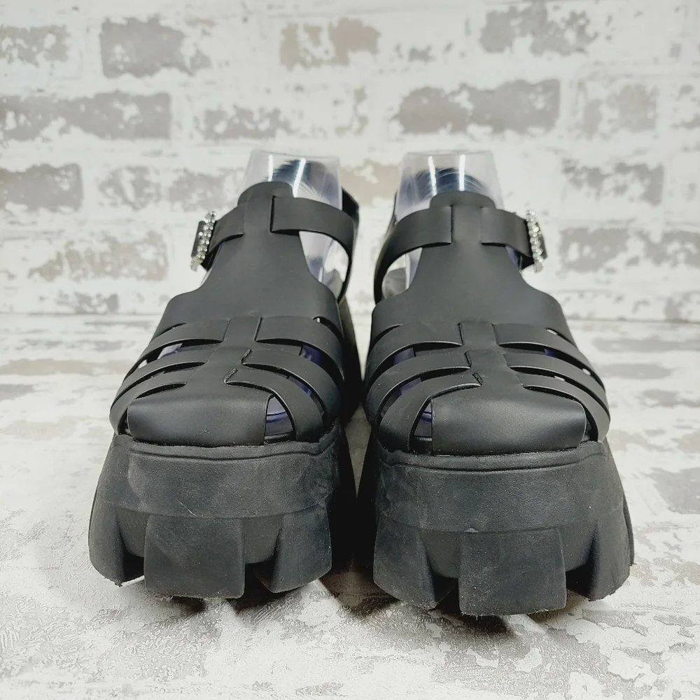 Sam Edelman Black Platform Fisherman Sandals with Crystal Buckle
